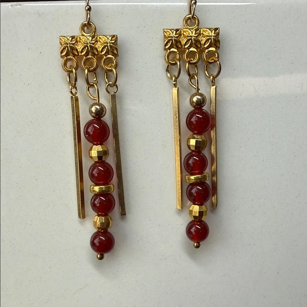 Elegant Gold and Red Dangle Earrings - Picture 1 of 1